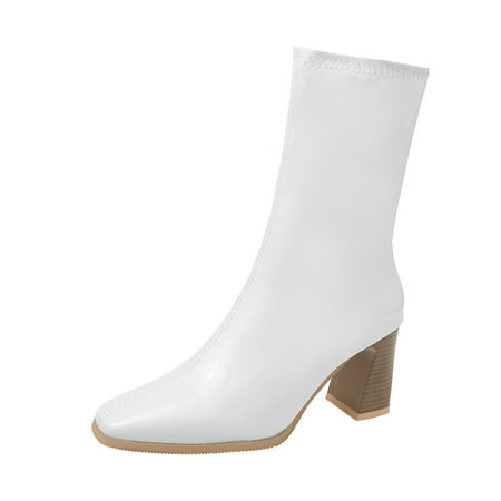 

nsendm Womens Fold over Boots Ladies Fashion Solid Color Bright Leather Square Toe Chunky High Women Garden Boots White 7