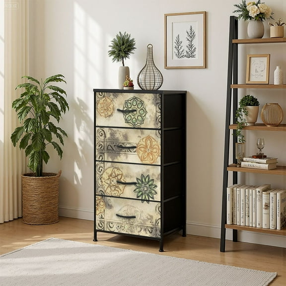 4 Drawer Vertical Storage Dresser art vintage stylized geometric flowers with Wood Top Fabric Pull Drawers