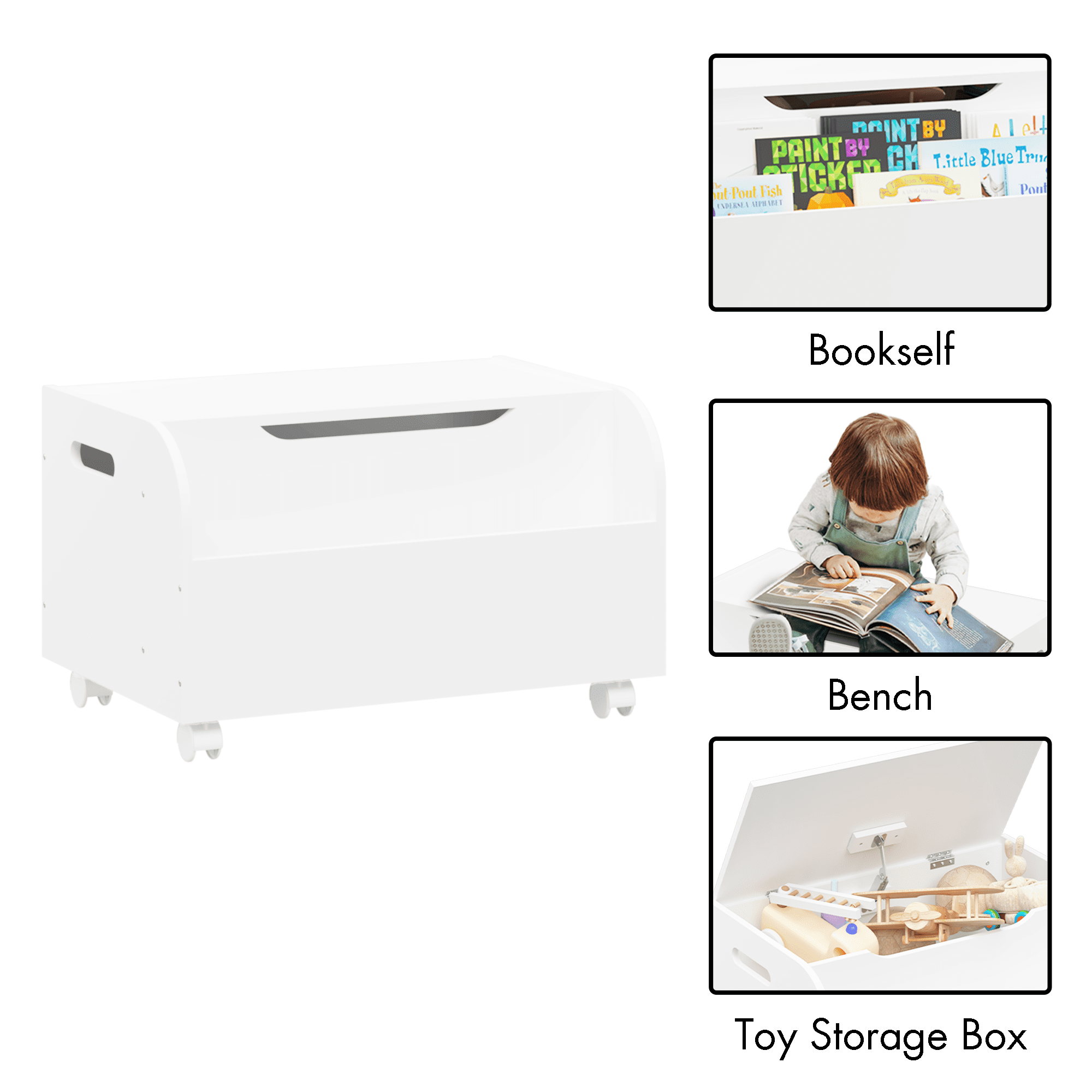 Glavbiku Wood Toy Box with 4 Wheels,Kids Toy Storage Organizer with Flip-Top Lid for Playroom,White