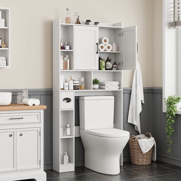 Vabches Farmhouse Over The Toilet Storage Cabinet with Barn Door，Wood Space-Saving Toilet Rack for Bathroom,  White
