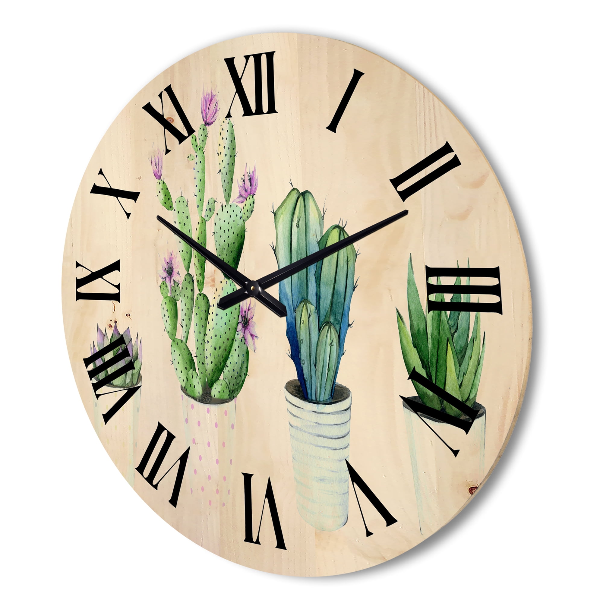 Designart 'Aloe Vera Cactus Succulent Home Plants In The Pots' Farmhouse Wood Wall Clock