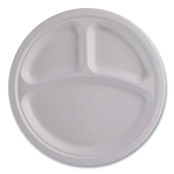 Eco-Products EP-P007NFA Vanguard 10 in. diameter 3-Compartment Renewable and Compostable Sugarcane Plates - White (500/Carton)