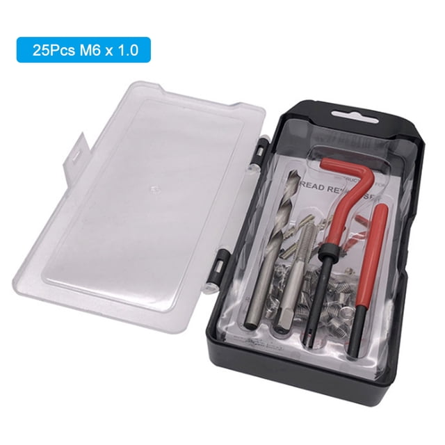 25-Piece Steel Thread Repair Kit with M6 x 1.0 Tap, Drill Bit, Insert Tools & Plastic Case – Ideal for Damaged Thread Restoration in Engine and Automotive Repairs