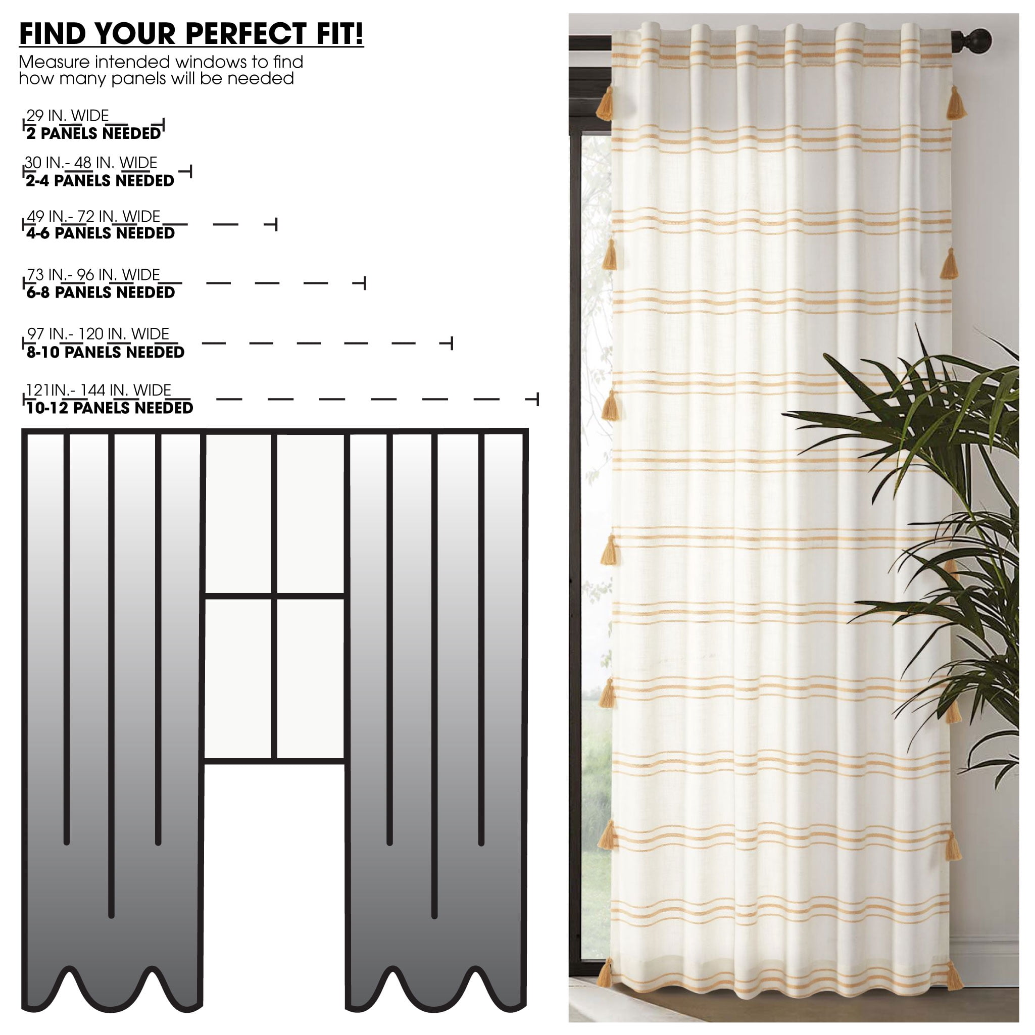 Better Homes & Gardens Polyester-Cotton Light Filtering Stripe Tassels Curtain Panel, 1-Piece, Yellow, 50" W x 95" L