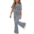 thumbnail image 2 of HBYJLZYG Girls 2 Piece Outfit Set with Bow Print Short Sleeve T-Shirt and Flare Pants, Lightweight Summer Casual Outfit for Kids Daily Wear and Vacation, 2 of 7