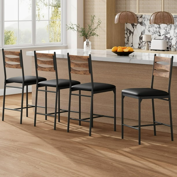 Yeshouse juego de 4 taburetes de bar de madera, tapizados en piel sintética con respaldo, reposapiés y cojín grueso, ideales para isla de cocina, barra o apartamento