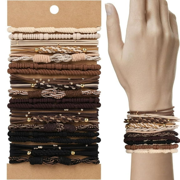 20 PCS Hair Bands 4 Styles Bracelets Hair Ties 2.36inch Cute Ponytail Holders Elastic Boho Hair Bracelets Hair Accessories for Women Thick Thin Long Curly (Brown)