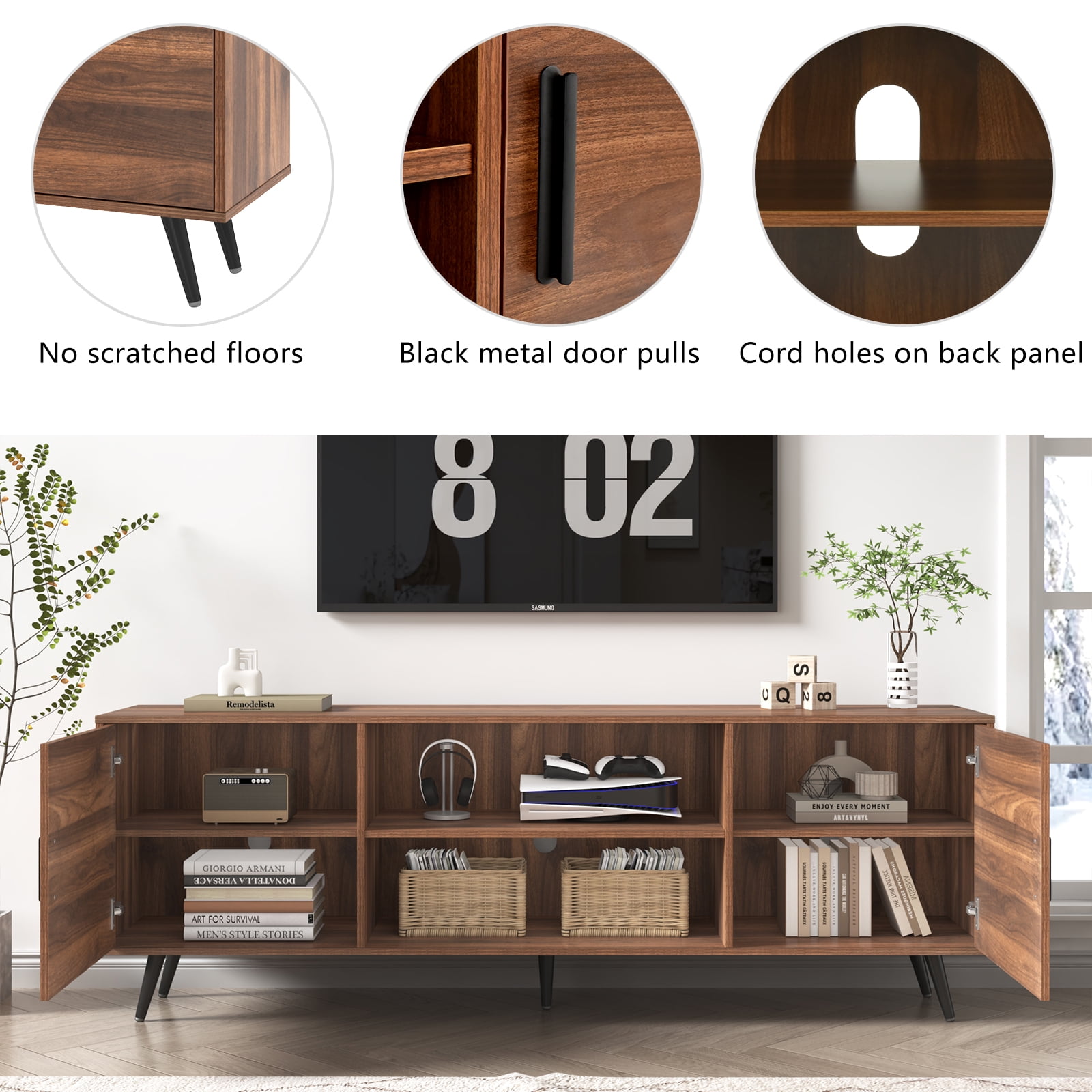 ChVans 70 Inch Mid Century Modern TV Stand for TVs up to 80 inches, Wood TV Stand with Storage, Entertainment Center for Living Room Bedroom, TV Media Console