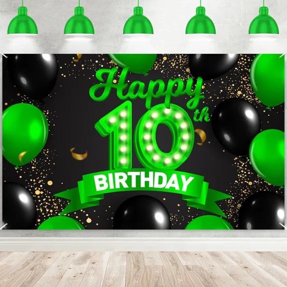 Lheaggik Happy 10th Birthday Backdrop Banner, 10th Birthday Decorations for Boys Girls, Funny Green 10 Years Old Birthday Party Photo Props Background Yard Sign Decor Supplies