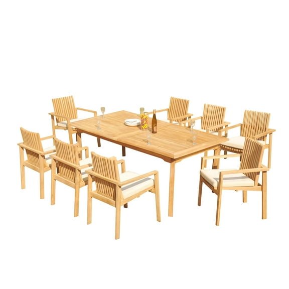 Grade-A Teak Dining Set: 8 Seater 9 Pc: 118" Rectangle Table And 8 Clipper Stacking Arm Chairs Outdoor Patio WholesaleTeak #51CP2409