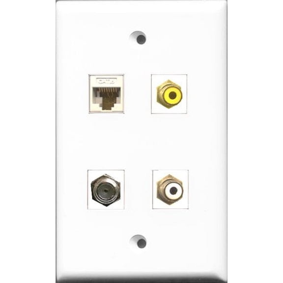 RiteAV 1 Port RCA White and 1 Port RCA Yellow and 1 Port Coax Cable TV- F-Type and 1 Port Cat6 Ethernet White Wall Plate