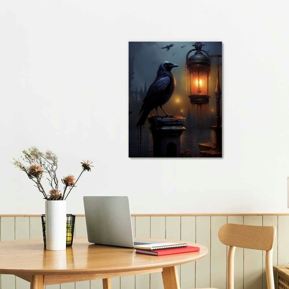 COMIO Wall Art Black Crow Vintage Animal Canvas Dark Academia Paintings Vintage Raven Prints Crow Artwork For Wall Dark Academia Posters Vintage Lighted Picture Dark Gothic Art Wall Decor