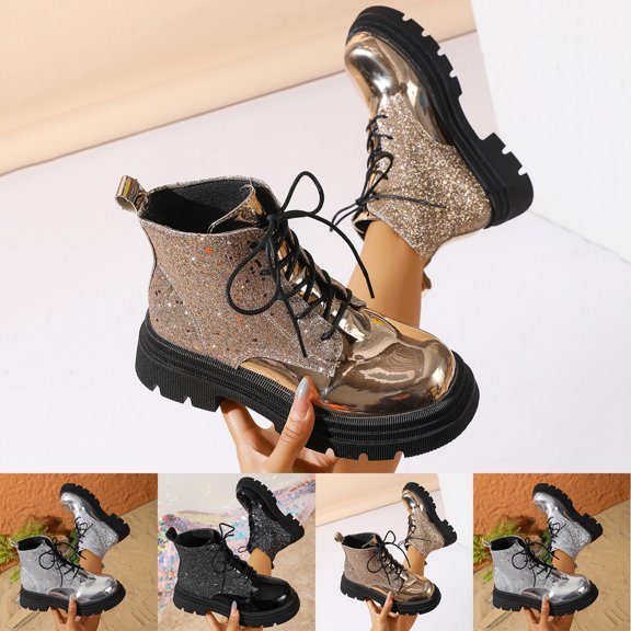 Miluxas Womens Fashion Shiny Leather Lace-Up Platform Ankle Boots Round Toe Non-Slip Casual Chunky Height-Increasing Shoes for Walking Workout Driving Silver 9(42)