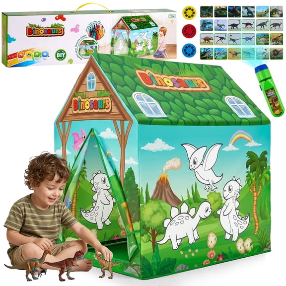 Lilian&Gema Dinosaur Kids Play Tent, Washable DIY Painting Tent with 12 Color Pens & Projector, Indoor & Outdoor Play Tent House Gift for Toddler Boys & Girls