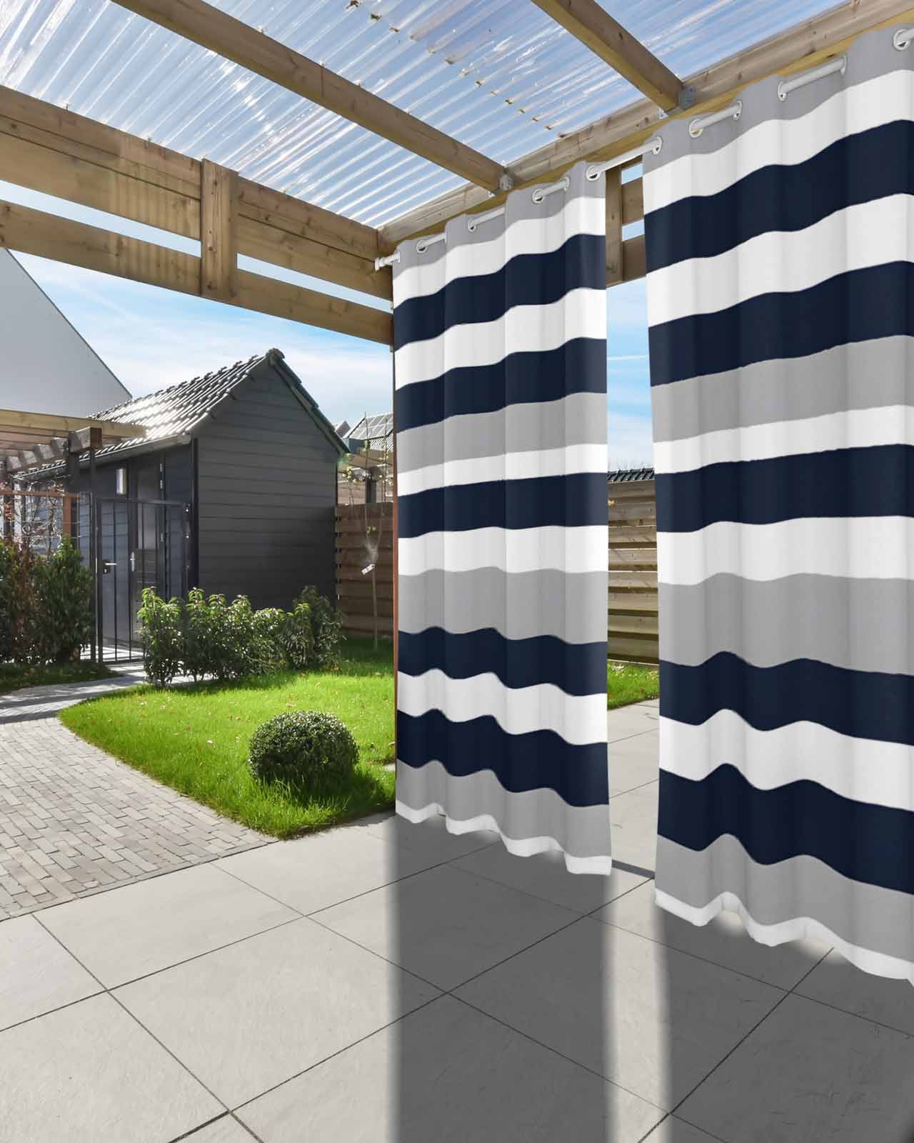 Black White Stripesd Outdoor Curtains for Patio, Minimalist Geometric Grey Privacy Drapes Grommet Waterproof Outside Curtains for Porch/Cabana/Balcony 54"x 108", 1 Panel