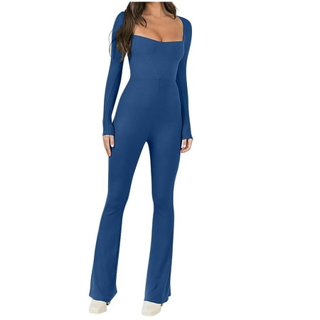 

Womens Long Sleeve Bodysuit Jumpsuit Square Neck Ribbed Shapewear Flare Bootcut Workout Yoga Leggings Rompers