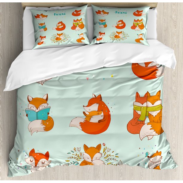 Fox Duvet Cover Set Queen Size Lovely Characters Sleeping Reading Romantic Couple Nature Kids Comic Arrangement Decorative 3 Piece Bedding With 2 Pillow Shams Multicolor By Ambesonne Com Fox Duvet Cover Set Queen Size Lovely, Fox Bedding Set