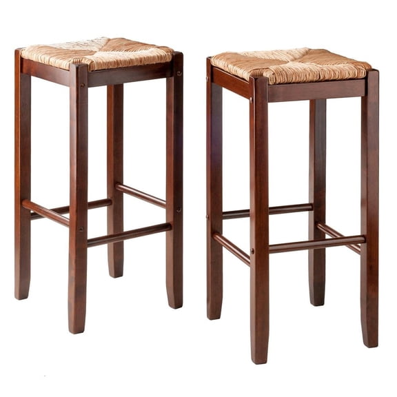 FurniFact 2-Piece Bar Stool Set, Rush Woven Seat, 29 Inch Height, Solid Wood, Brown