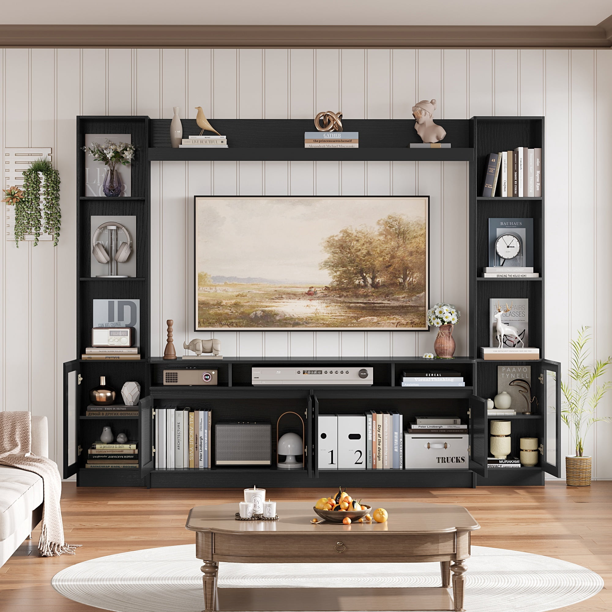 Hiphuta 79" W Wall Unit Entertainment Center with Bookcase for TVs up to 65", Farmhouse TV Stand with LED Lights for Living Room, Black