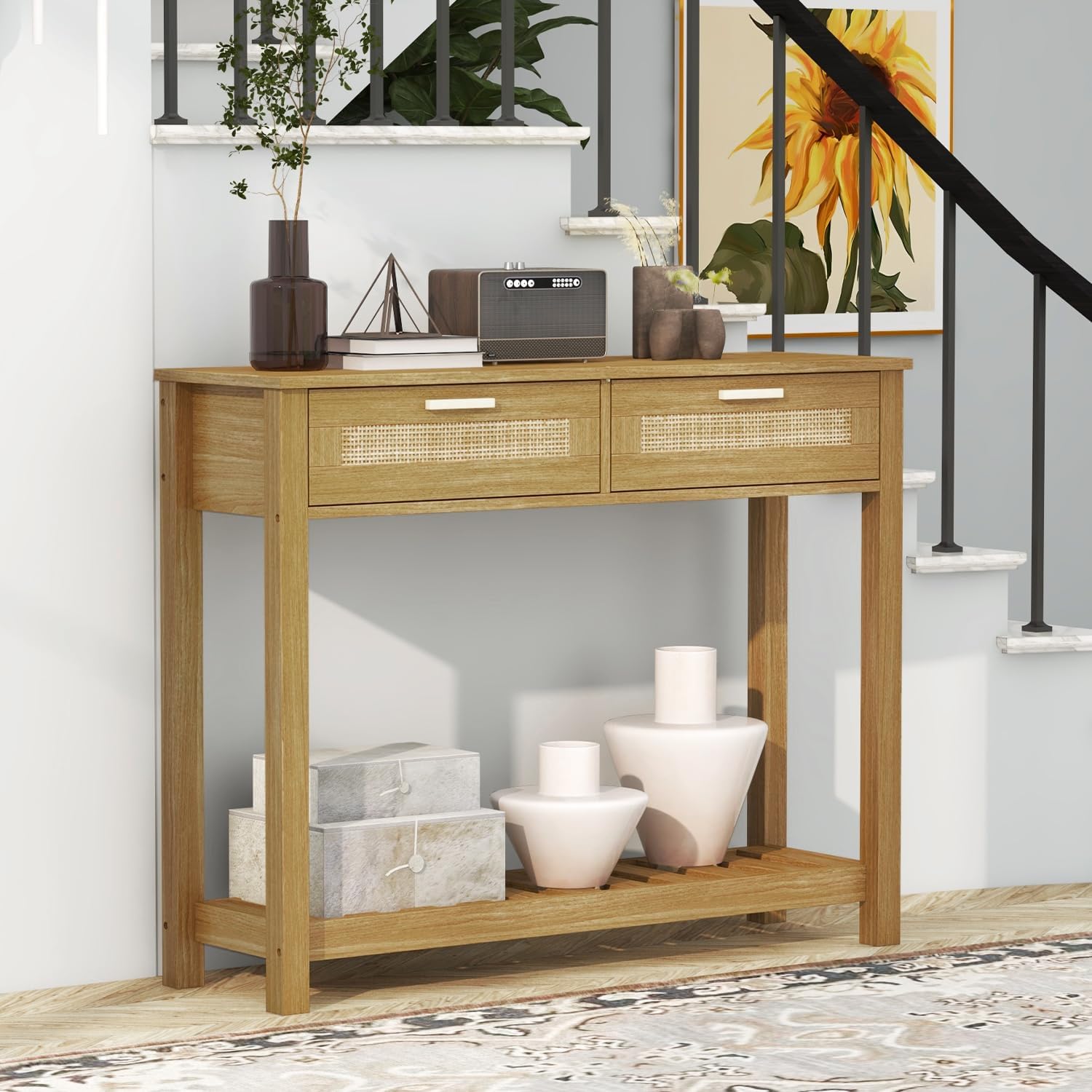 AODAILIHB Wooden Console Sofa Table，Rattan Entryway Table with 2 Drawers and Storage Open Bookshelf