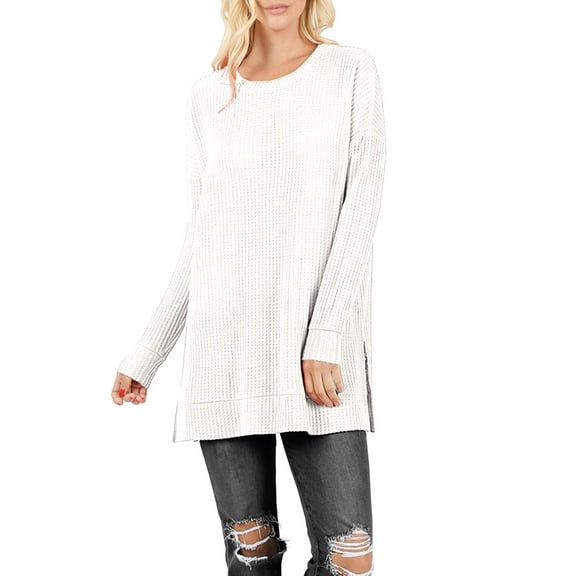 J. METHOD Women’s Knit Sweater Long Sleeve Round Neck Thermal Waffle Warm Casual Tunic Pullover Side Slit Knitted Top NEWT392 Ivory S