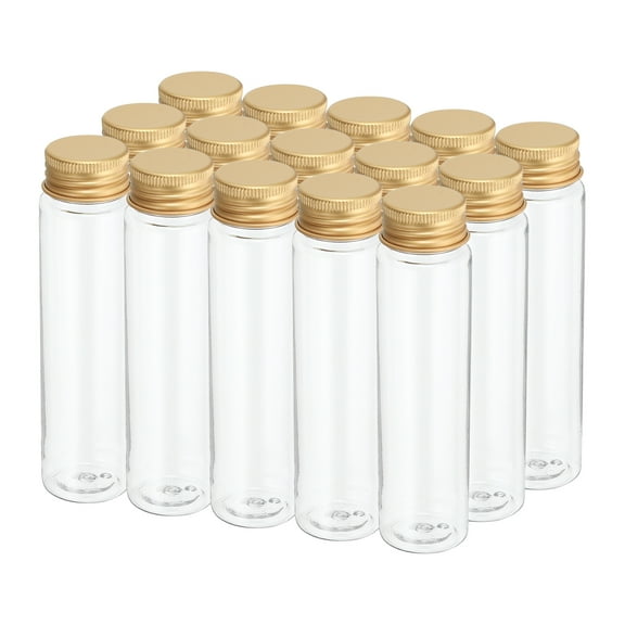 Uxcell 80ml Plastic Test Tubes with Screw Caps, 15Pcs 128x33mm Flat Bottom Tubes for Party Decoration, Gold Tone