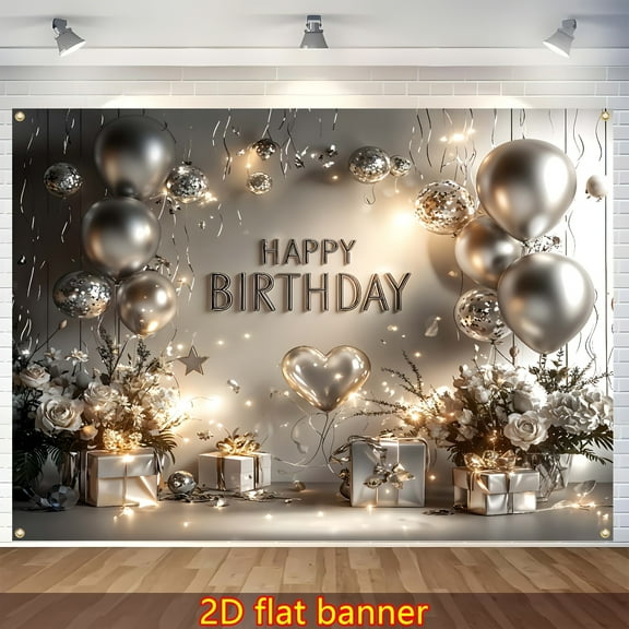 Silver Happy Birthday Backdrop Silvery and White Balloons Floral Birthday Photography Background 16th 18th 21st 30th 40th 50th 60th Birthday Party Decorations Banner Supplies Photo Booth Props