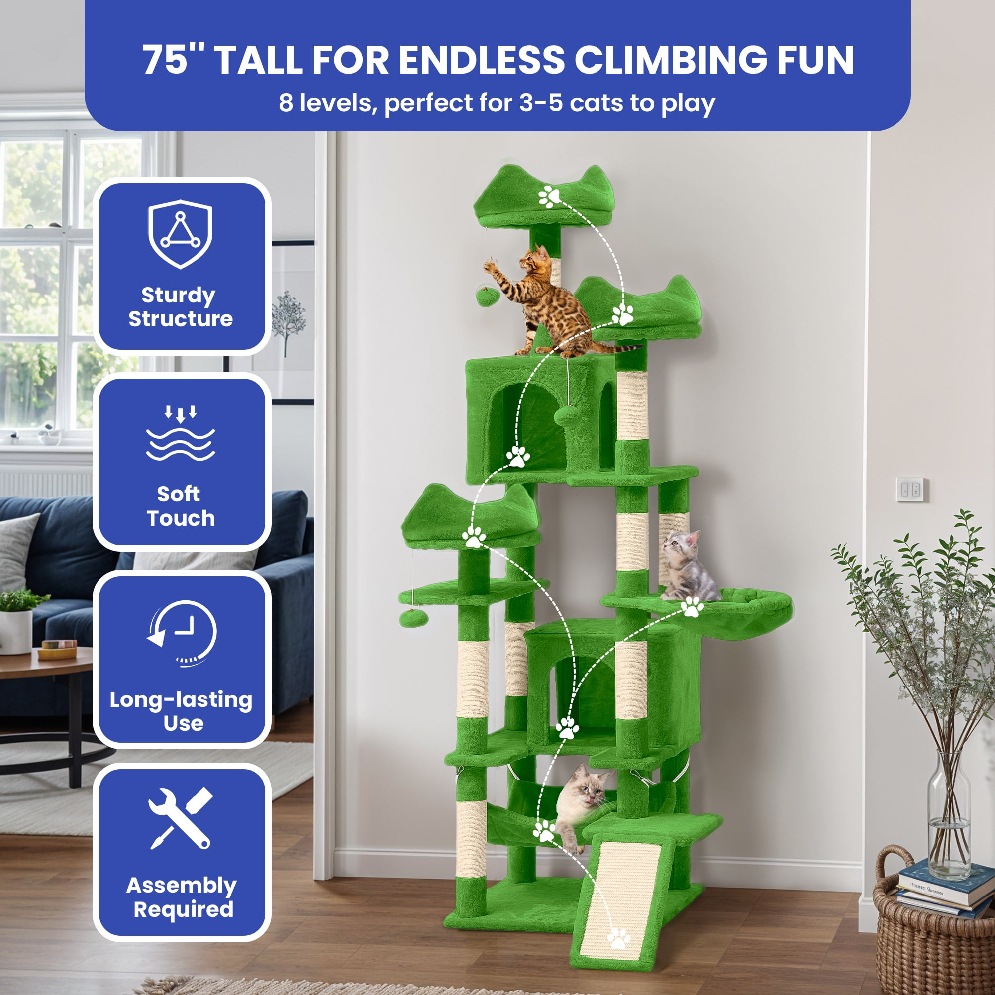 ModFusion 75" Tall Green Cat Tree Tower with Hammock, Playhouse & Scratching Posts for Indoor Cats