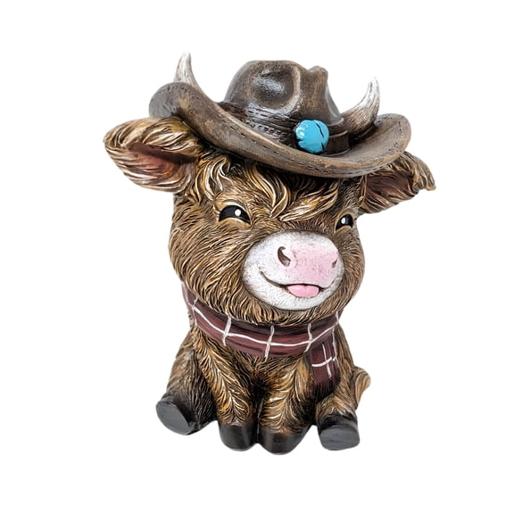 Highland Cow Figurine with Cowboy Hat – Adorable Western Farmhouse Resin Statue, Rustic Country Table or Shelf Decor for Kitchen, Living Room, or Office – Unique Gift for Cow Lovers and Collectors