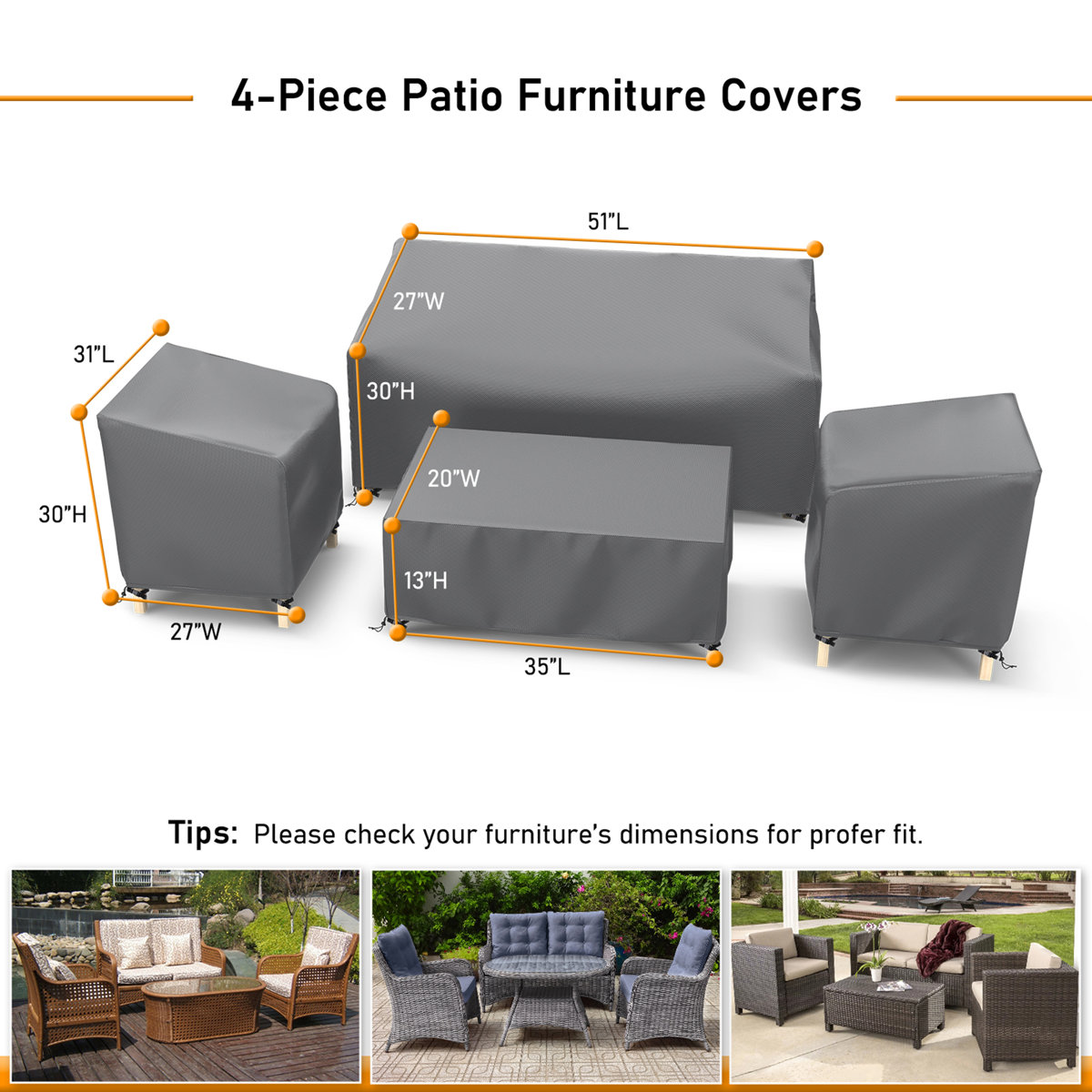 Outdoor Furniture Covers 4-Piece Set - Heavy Duty Waterproof Patio Sofa Covers for Sectional Sets, All-Weather Protected Table Cover, Gray