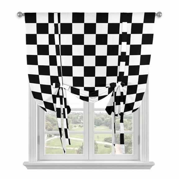 Black White Plaid Balloon Curtains 63 Inch Length for Living Room/Bedroom, Farmhouse Modern Minimalist Geometric Rod Pocket Privacy Door Curtains Decorative Tie Up Shade for Window 52"x63"