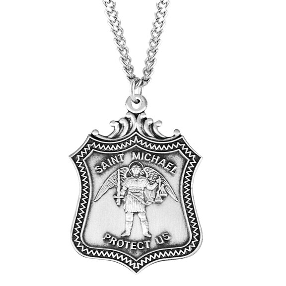 Saint Michael Sterling Silver Badge Medal, 24" Rhodium Plated Stainless Steel Chain, Patron Saint of Police & Law Enforcement, Deluxe Gift Box