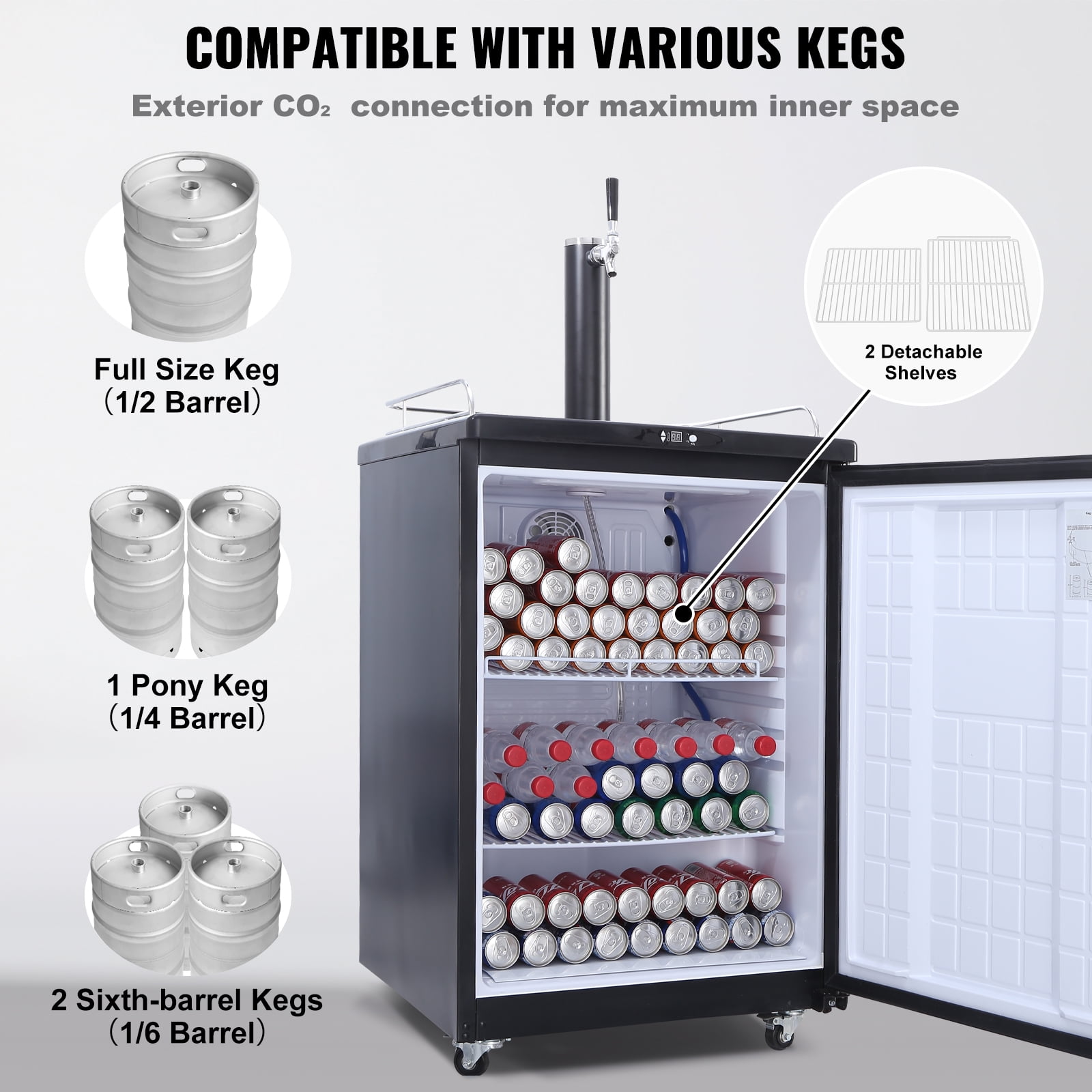 VEVOR Beer Kegerator, Single Tap Draft Beer Dispenser, Full Size Keg Refrigerator With Shelves, CO2 Cylinder, Drip Tray & Rail, 32°F- 75.2°F Temperature Control, Holds 1/6, 1/4, 1/2 Barrels, Silver