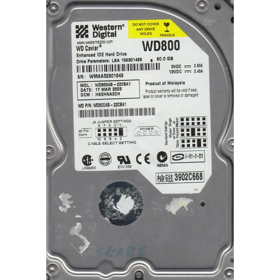 WD800AB-22CBA1, DCM HSEHNA2CH, Western Digital 80GB IDE 3.5 Hard Drive