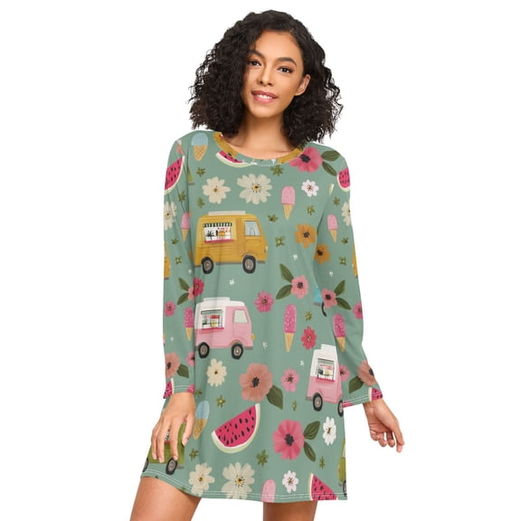 FORMRS Womens Long Sleeve Nightgowns Crew Neck Sleep Shirt Soft Pajamas Sizes S-3XL, Green Cartoon Trucks Pattern