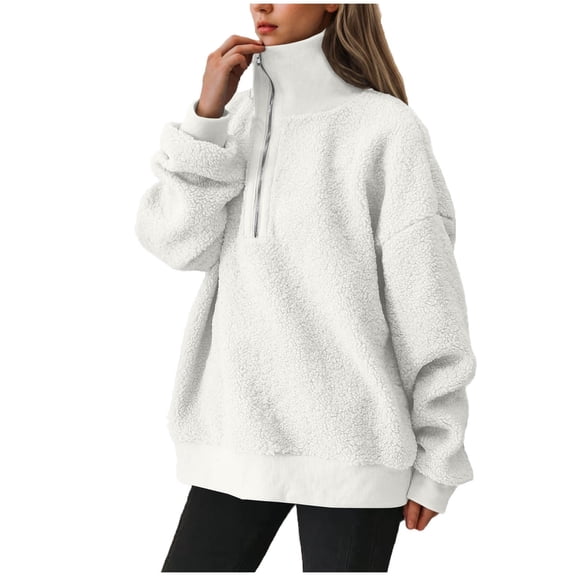 yillto Women Fleece Sweatshirts Sherpa Fuzzy Tops Quarter Zipper Stand Collar Pullover Thick Sweatshirt