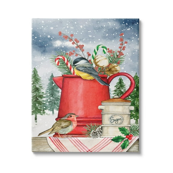 Winter Birds Perched Tea Kettle Holly & Fir Botanicals Botanical & Floral Painting Gallery-Wrapped Canvas Print Wall Art