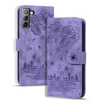 Dteck Galaxy S22 Phone Case, Premium PU Leather Embossed Pattern Anti-Scratch Kickstand Wrist Strap Card Slots Magnetic Flip Cover Case for Samsung Galaxy S22 5G 6.1" Phone, Purple