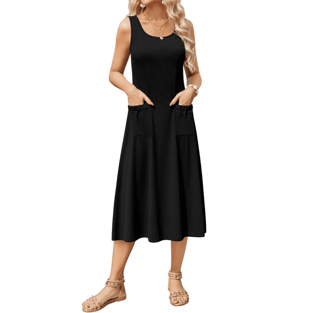 Robes Débardeurs Midi d'Été Sans Manches à Fleurs pour Femmes, Col Ras du Cou, Taille Haute, Ligne A, avec Poches