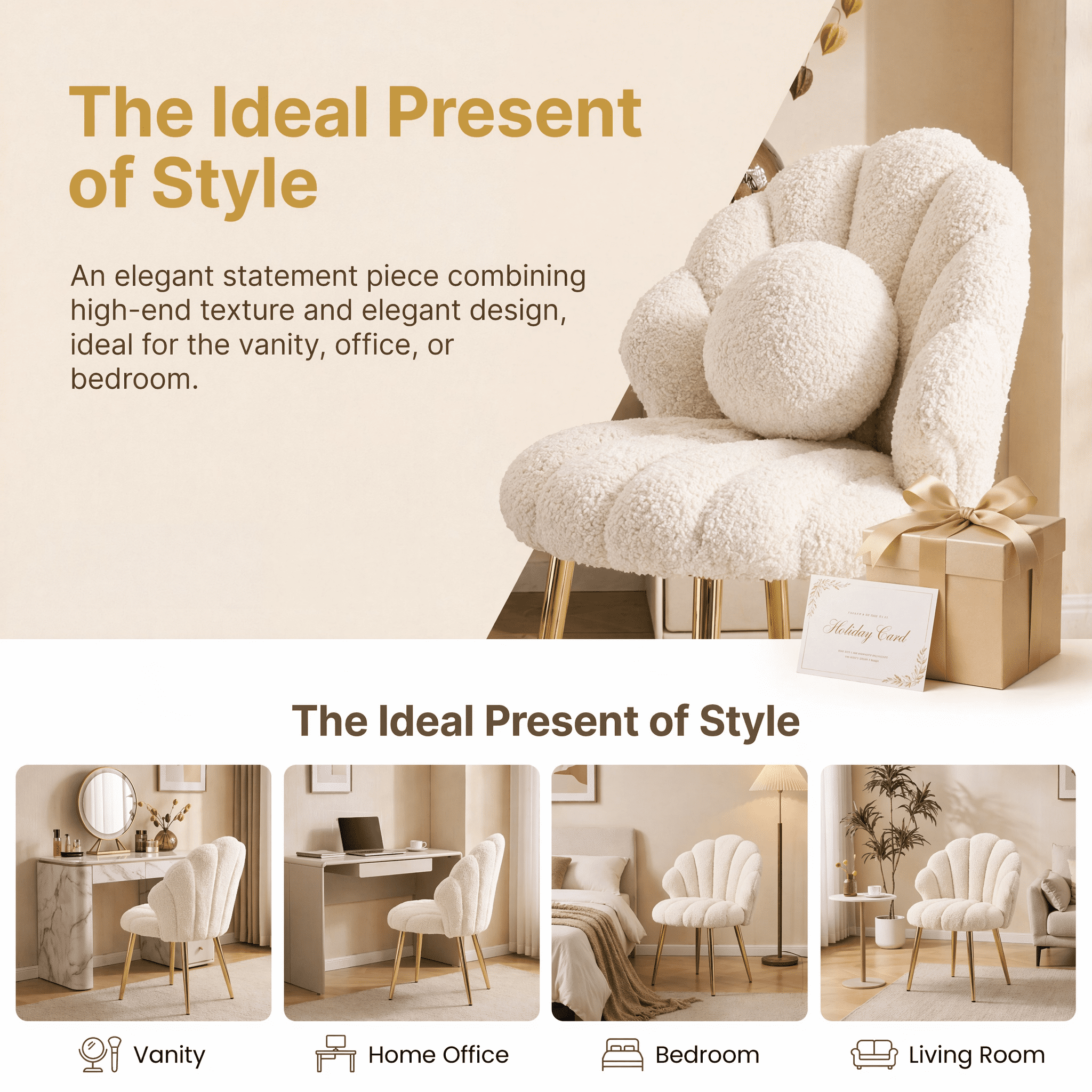 Ktaxon Vanity Makeup Chair with Teddy Velvet, Shell Design Accent Desk Chair with Lumbar Pillow and Gold Legs, Office Seating for Women Light Khaki