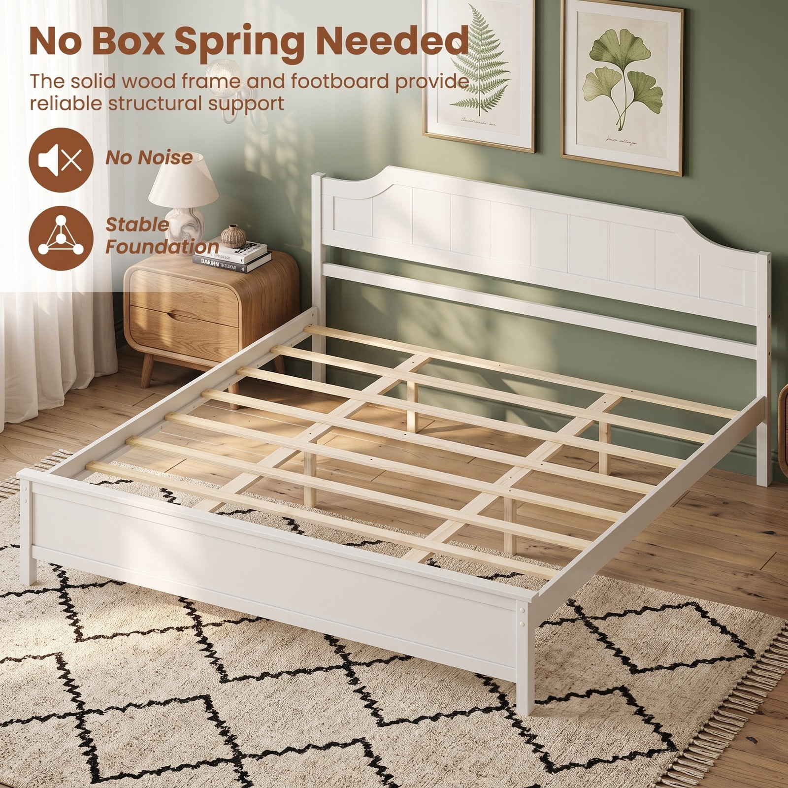 Furnibear King Size Bed Frame, Solid Wood Platform Bed Frame with Curved Headboard and Footboard, King Bed Frame with Headboard No Box Spring, White