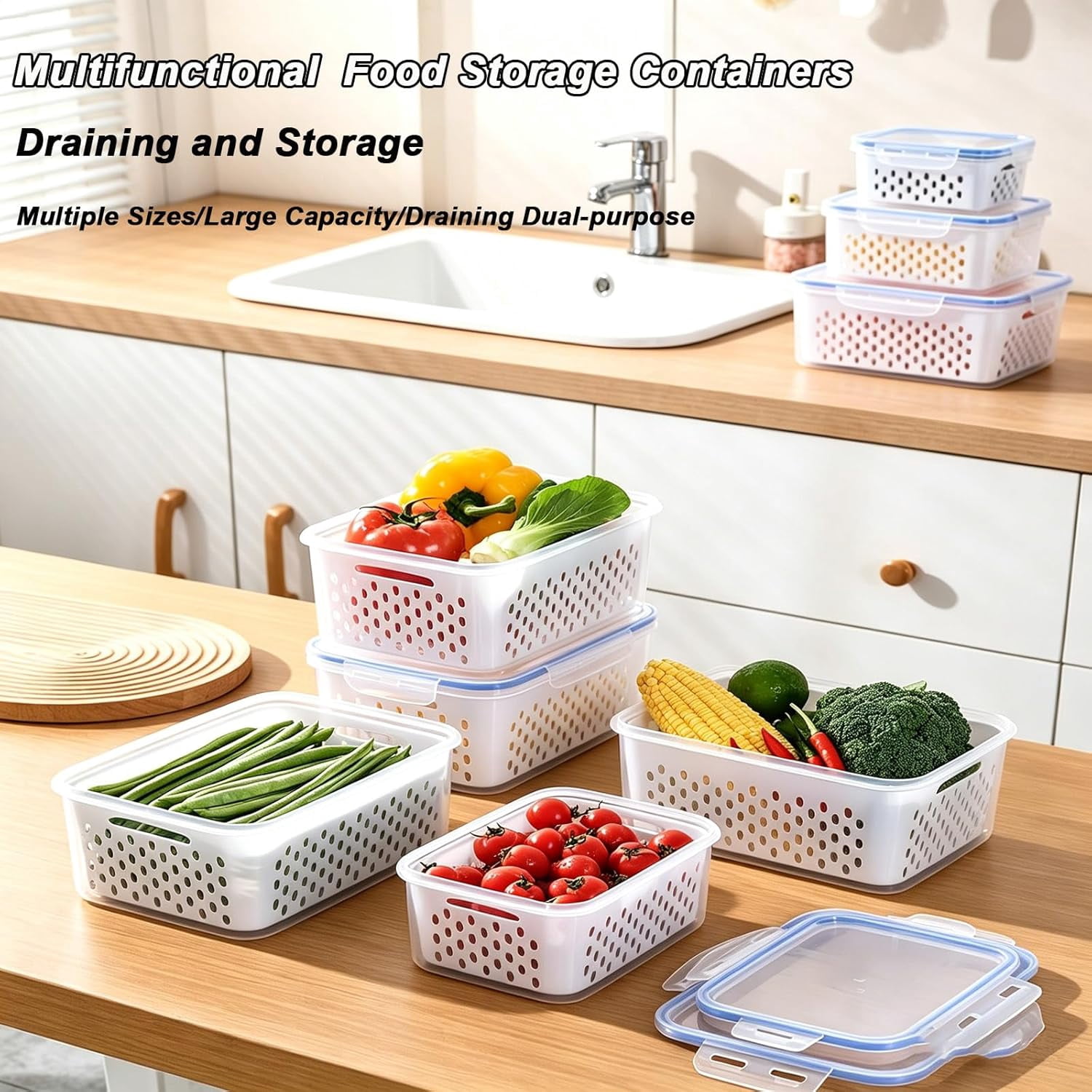 3PCS Fruit Storage Containers for Fridge with Removable Colander, 4 in 1 Airtight Food Storage Containers, Dishwasher & Microwave Safe Produce Containers, Keep Fruits, Vegetables Fresh Longer