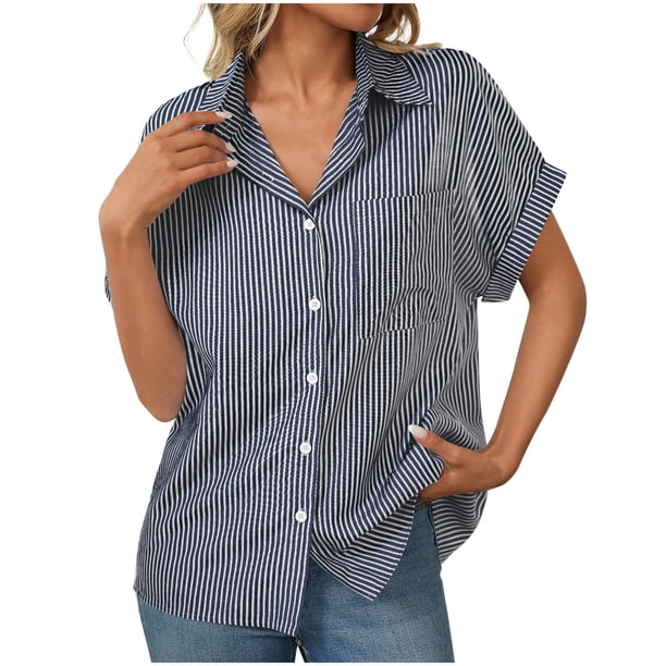 Camisas de Manga Corta para las Mujeres Bolsillo Suelto de Solapa Top a Rayas Casual, Tela de Estante de Imitación para Todo el Año de Uso Diario