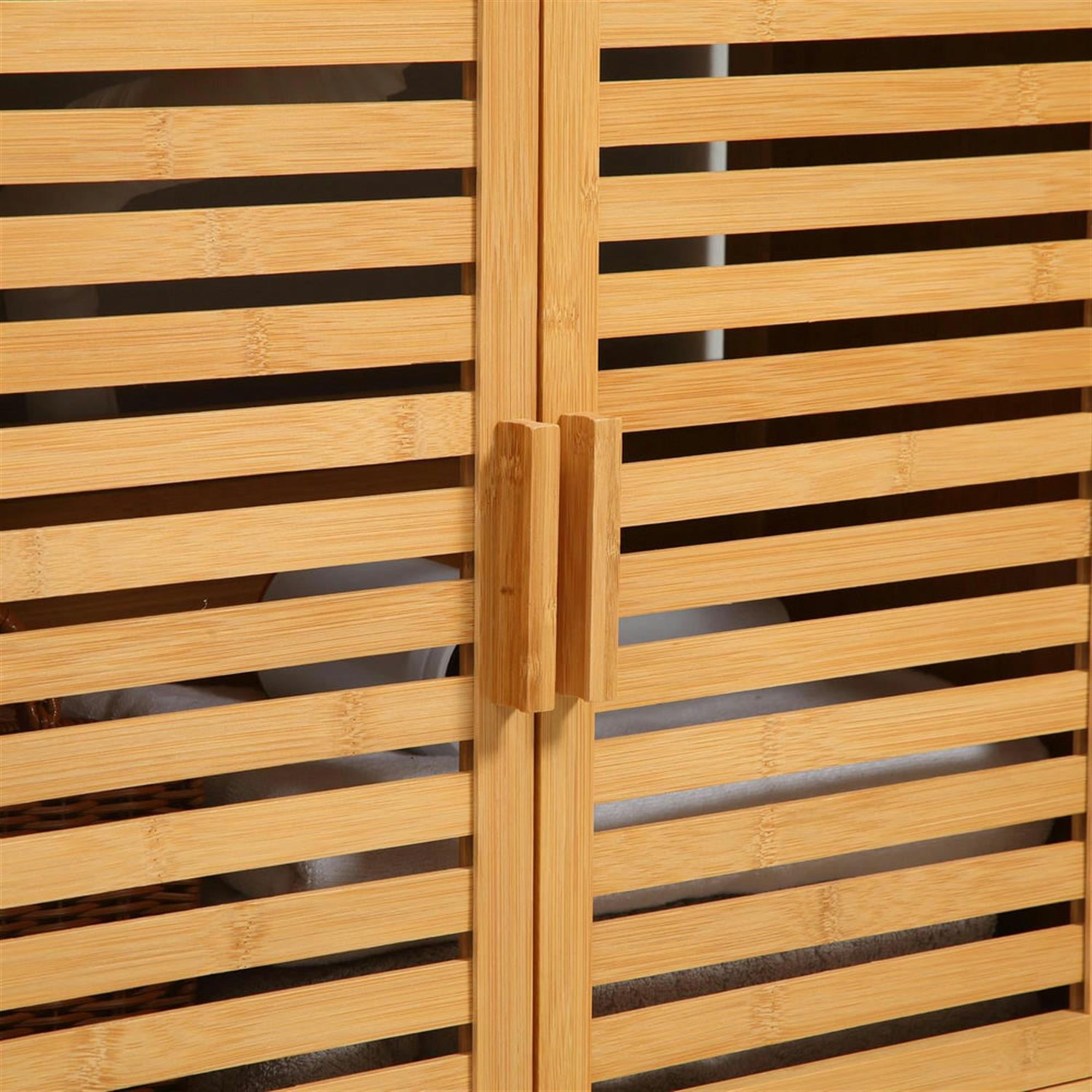 Demi Bonn 23" Bamboo Bathroom Vanity with U-Shape Cut-Out and Slatted Doors, Pedestal Sink 2-Door Cabinet, Under Sink Cabinet, Brown