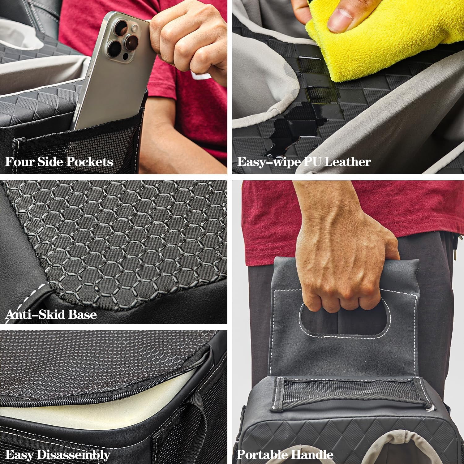 Auto Center Console Cup Holder Organizer, Universal PU Leather Armrest Storage Box with Tissue Holder & Side Pockets, Multi-use for Car Front/Back Seat, Truck, RV, Boat