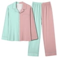 thumbnail image 1 of UAMVSH Women Color Block 2 Piece Pajama Sets Classic Button down Notch Collar Shirts Matching Wide Leg Pants Long Sleeve Pockets Outfits(X-LargeMint Green 1), 1 of 4