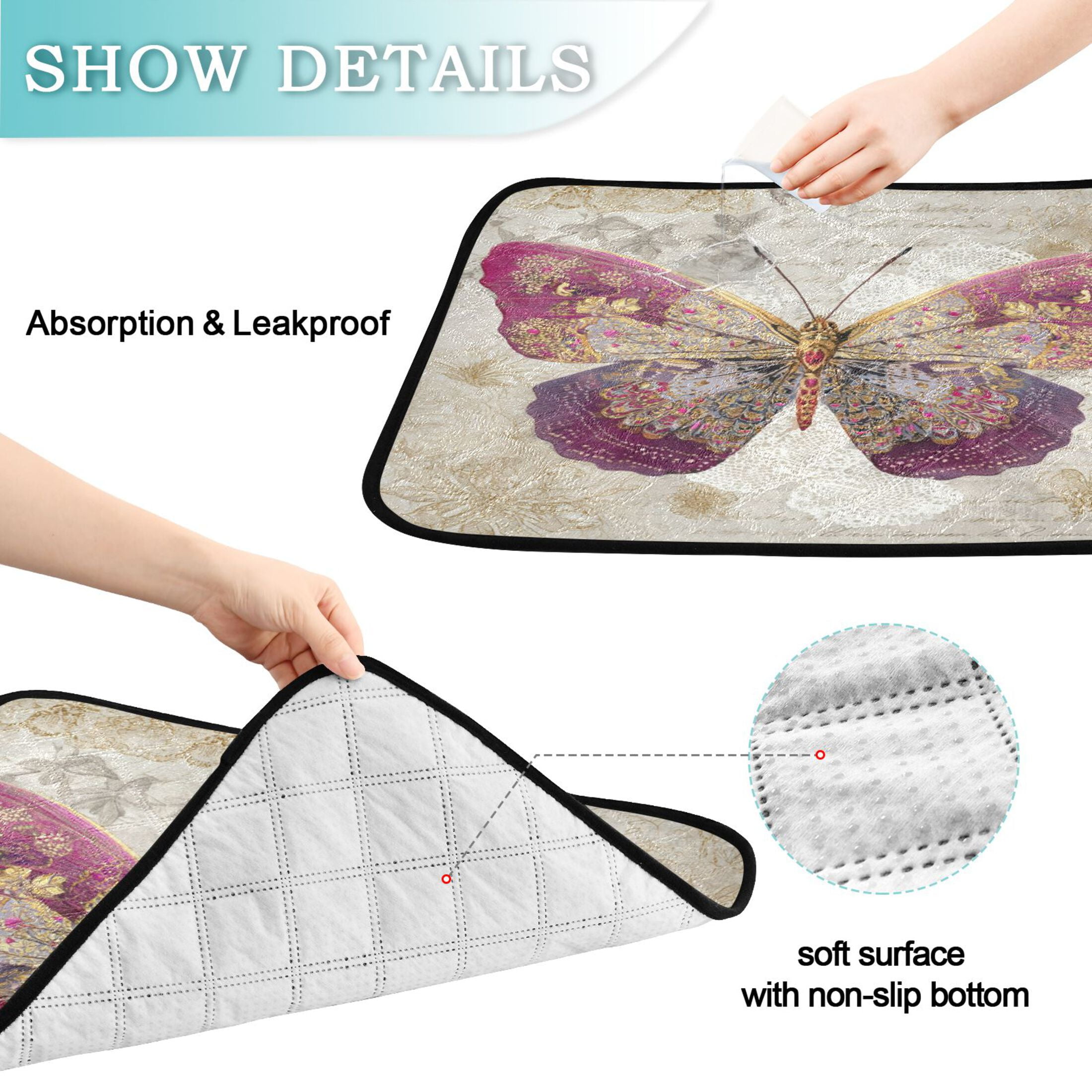 Qxltty Dreamy Butterfly Cat litter Pads Pet Set of 3 Diaper Mats Center Anti-leakage Layer Absorbent Soft and Comfortable
