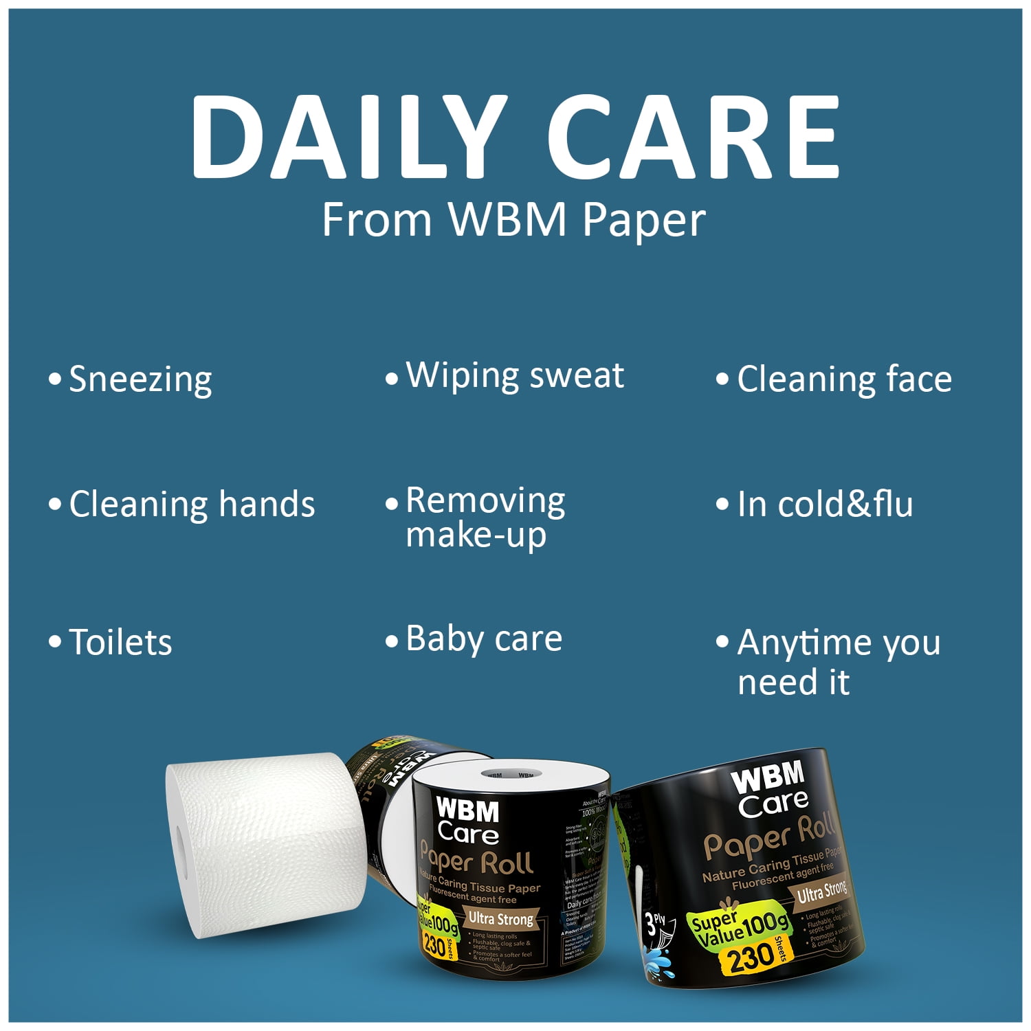 WBM Toilet Tissue Paper, 3-Ply, Soft & Strong, 100% Wood Pulp, Highly Absorbent & Biodegradable, Free from Dyes & Chemicals, 230 Sheets per Roll, 100g