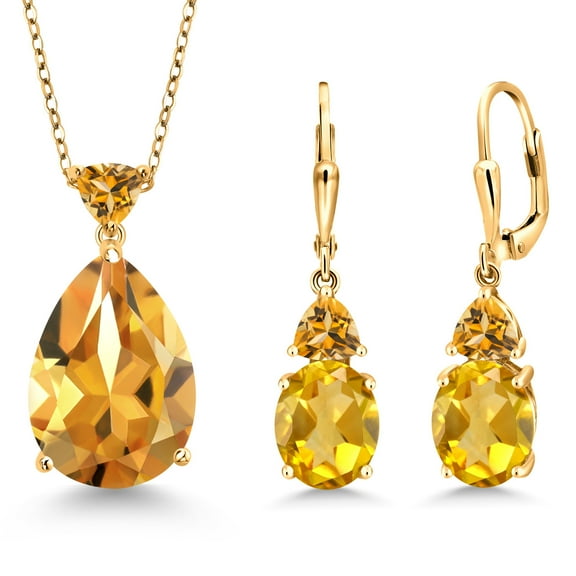 Gem Stone King 18K Yellow Gold Plated Silver Yellow Citrine Pendant Earrings Jewelry Set for Women (16.83 Cttw, Pear Shape 18X13MM, Gemstone November Birthstone, with 18 inch Chain)