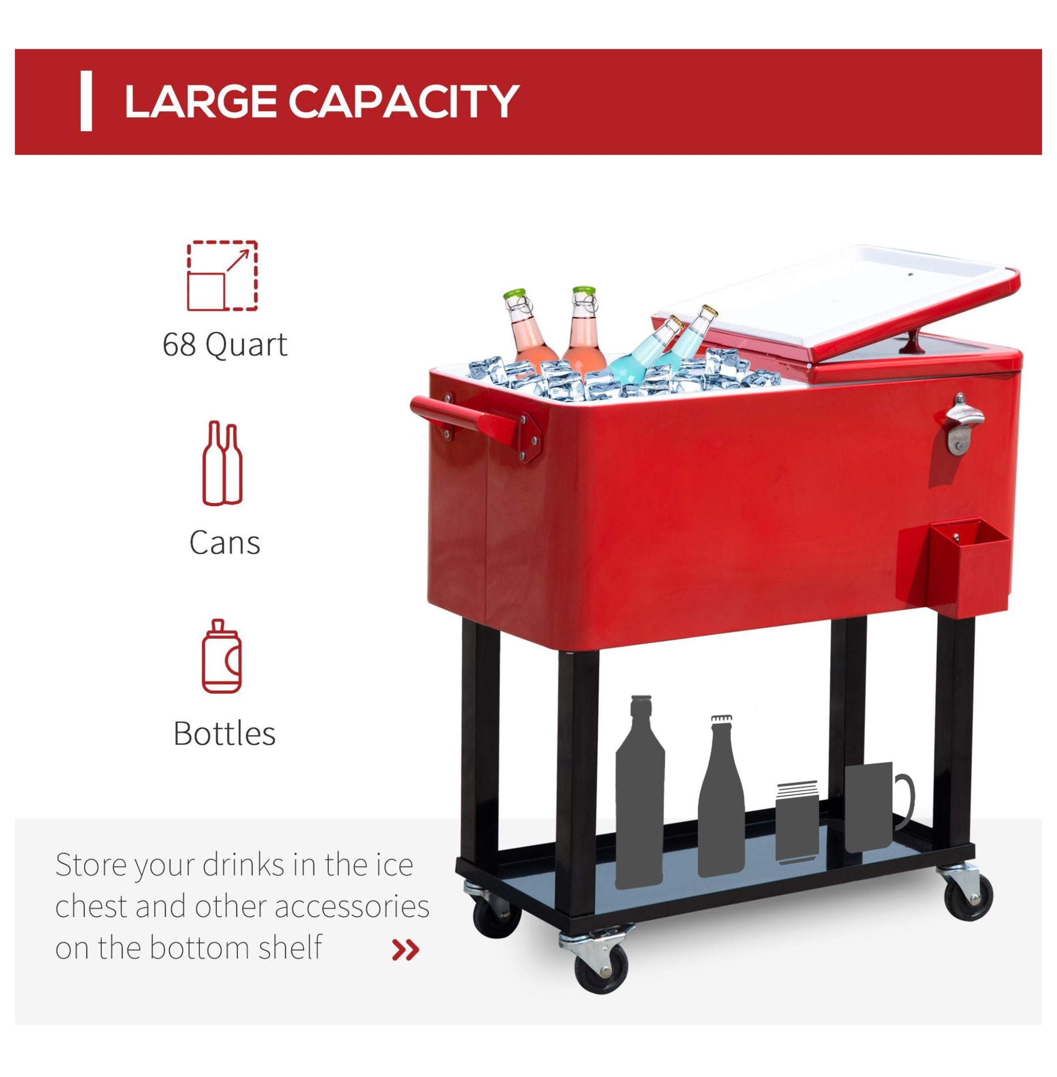 80 QT Rolling Cooler Cart, Red Ice Chest on Wheels for Parties & Outdoors